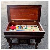 Antique Sewing Bench with Embroidered Seat and Storage