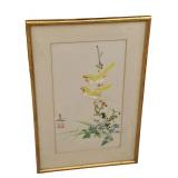 Framed Asian Artwork with Floral and Bird Design
