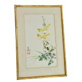 Framed Asian Artwork with Floral and Bird Design