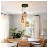 Henveton Jasslynn 3- Light Farmhouse Brown Pendant Light Chandelier with Rattan Shade for Island Foyer Dinning Living Room    Customer Returns See Pictures