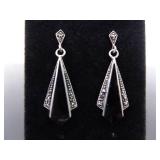 .925 Sterling Silver Art Nouveau Onyx Dangle Post Earrings