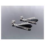 .925 Sterling Silver Art Nouveau Onyx Dangle Post Earrings