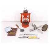 Lot of Vintage Feuerhand 175 Oil Lantern, Camping Utensil Set, Pocket Knives, etc.