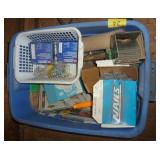 tote of misc garage supplies, nails, squares tote of misc garage supplies, nails, squares