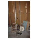 Lot of items, step stool, copper wire, shovel, pipe clamps etc Lot of items, step stool, copper wire, shovel, pipe clamps etc