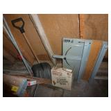 Lot of items, step stool, copper wire, shovel, pipe clamps etc Lot of items, step stool, copper wire, shovel, pipe clamps etc