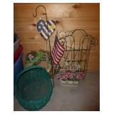 wicker basket, and misc garden décor and welcome sign wicker basket, and misc garden décor and welcome sign