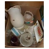 Box full of vintage glassware and oil lamp Box full of vintage glassware and oil lamp