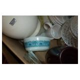 Box full of vintage glassware and oil lamp Box full of vintage glassware and oil lamp