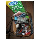 Box with a faucet, hose, tape, electrical cord, vent covers, duct tape, hammer Box with a faucet, hose, tape, electrical cord, vent covers, duct tape, hammer
