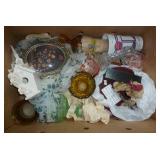 Box full of home décor, glassware, square cake pan, tin match holder Box full of home décor, glassware, square cake pan, tin match holder