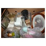 Box full of home décor, glassware, square cake pan, tin match holder Box full of home décor, glassware, square cake pan, tin match holder
