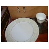 Sango China set - white on white with silver trim Phoenicia pattern Sango China set - white on white with silver trim Phoenicia pattern