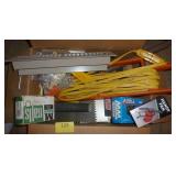 Box of garage stuff, nails, electrical cord, vent, hammers, wheel lugs Box of garage stuff, nails, electrical cord, vent, hammers, wheel lugs