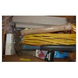 Box of garage stuff, nails, electrical cord, vent, hammers, wheel lugs Box of garage stuff, nails, electrical cord, vent, hammers, wheel lugs