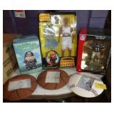 Sports memorabilia, Rodman doll, Cullpepper bobble head, soldier clock, ball photo frames, Jordan doll Sports memorabilia, Rodman doll, Cullpepper bobble head, soldier clock, ball photo frames, Jordan doll