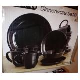 2 New black dinnerware sets each has 4 dinner plates, 4 cups, 4 bowls, 4 small plates 2 New black dinnerware sets each has 4 dinner plates, 4 cups, 4 bowls, 4 small plates