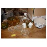 Glassware and pottery popcorn bowl, glass hobnail shoes Glassware and pottery popcorn bowl, glass hobnail shoes