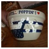 Glassware and pottery popcorn bowl, glass hobnail shoes Glassware and pottery popcorn bowl, glass hobnail shoes