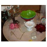 metal tree with photo ornaments, 3 plastic bowls, bird bath, clock, candle, outlet, plate or picture stand, red bowl metal tree with photo ornaments, 3 plastic bowls, bird bath, clock, candle, outlet, plate or picture stand, red bowl