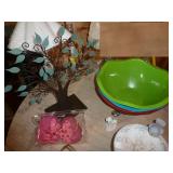 metal tree with photo ornaments, 3 plastic bowls, bird bath, clock, candle, outlet, plate or picture stand, red bowl metal tree with photo ornaments, 3 plastic bowls, bird bath, clock, candle, outlet, plate or picture stand, red bowl