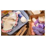 Box of yarn and knitted doll dress etc Box of yarn and knitted doll dress etc