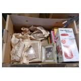 Box of cookbooks, new hamilton beach blender, photo frames, décor, hobnail wall lamp, clock, flag Box of cookbooks, new hamilton beach blender, photo frames, décor, hobnail wall lamp, clock, flag