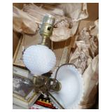 Box of cookbooks, new hamilton beach blender, photo frames, décor, hobnail wall lamp, clock, flag Box of cookbooks, new hamilton beach blender, photo frames, décor, hobnail wall lamp, clock, flag