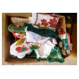 Box of christmas towels, hot pads, ribbon, cookie trays, tree bag, bell, candle holder, snowman Box of christmas towels, hot pads, ribbon, cookie trays, tree bag, bell, candle holder, snowman