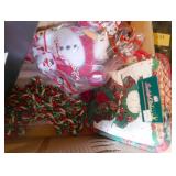 Box of christmas towels, hot pads, ribbon, cookie trays, tree bag, bell, candle holder, snowman Box of christmas towels, hot pads, ribbon, cookie trays, tree bag, bell, candle holder, snowman