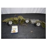 VINTAGE MILITARY COMPASSES AND MEDAL.