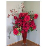 Large Red Art Glass Vase and Floral Arrangement