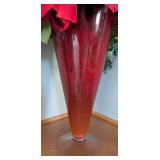 Large Red Art Glass Vase and Floral Arrangement