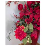 Large Red Art Glass Vase and Floral Arrangement