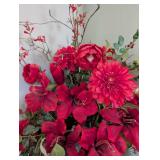 Large Red Art Glass Vase and Floral Arrangement