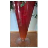 Large Red Art Glass Vase and Floral Arrangement