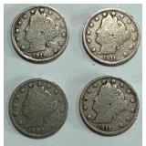 Lot of 4 Liberty "V" Nickels