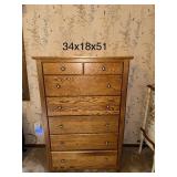 Solid Oak 7-Drawer Dresser with Brass Knobs, 34x18x51 in