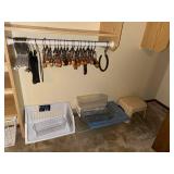 Closet Organizing Lot with Wooden Hangers and Storage Bins