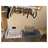Closet Organizing Lot with Wooden Hangers and Storage Bins