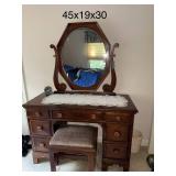 Vintage Wooden Vanity with Mirror and Stool, 45x19x30 Inches