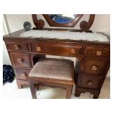 Vintage Wooden Vanity with Mirror and Stool, 45x19x30 Inches