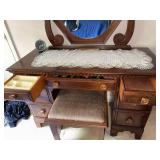 Vintage Wooden Vanity with Mirror and Stool, 45x19x30 Inches