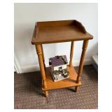Wooden Side Table with Raised Edges and Turned Legs, 27 Inch Tall