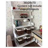 White Wooden Leaning Shelving Unit with 4 Wicker Baskets