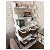White Wooden Leaning Shelving Unit with 4 Wicker Baskets