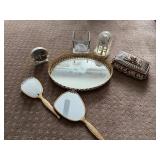 Vintage Vanity Set with Mirror Tray, Clocks, Brush, and Decorative Box