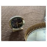 Vintage Vanity Set with Mirror Tray, Clocks, Brush, and Decorative Box