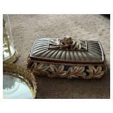 Vintage Vanity Set with Mirror Tray, Clocks, Brush, and Decorative Box