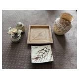 Decorative Basket and Pottery Collection Including Woven Vessels, Painted Plate, and Faux Floral Arrangement